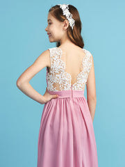 Princess A-Line Queen Anne Floor Length Chiffon Lace Junior Flower Girl Dress With Lace Pleats