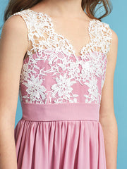 Princess A-Line Queen Anne Floor Length Chiffon Lace Junior Flower Girl Dress With Lace Pleats
