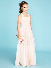 Princess A-Line Strap Floor Length Chiffon Lace Junior Bridesmaid Dress With Ruched Side-Draped for Wedding Party
