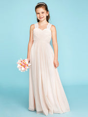 Princess A-Line Strap Floor Length Chiffon Lace Junior Bridesmaid Dress With Ruched Side-Draped for Wedding Party