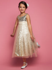Princess A-Line Tea Length Tulle Sleeveless Jewel Neck Dress with Ruched Sequin