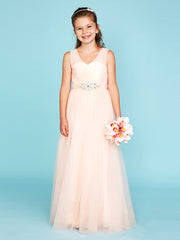 Princess A-Line V Neck Floor Length Tulle Junior Flower Girl Dress with Criss Cross Crystals Wedding Party