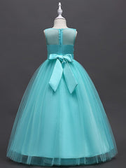 Princess Ball Gown Sleeveless Jewel Neck Flower Girl Dresses with Tulle Sash Ribbon Bow Appliques