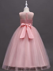 Princess Ball Gown Sleeveless Jewel Neck Flower Girl Dresses with Tulle Sash Ribbon Bow Appliques