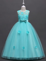 Princess Ball Gown Sleeveless Jewel Neck Flower Girl Dresses with Tulle Sash Ribbon Bow Appliques