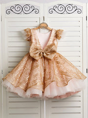 Princess Cap Sleeve Jewel Knee Length Flower Girl Dress in Tulle with Bow