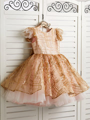Princess Cap Sleeve Jewel Knee Length Flower Girl Dress in Tulle with Bow