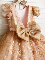 Princess Cap Sleeve Jewel Knee Length Flower Girl Dress in Tulle with Bow