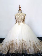 Princess High Neck Tulle Flower Girl Dress w/ Crystals & Rhinestones