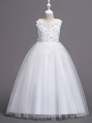 Princess Lace Print Tulle Sleeveless Floor Length Flower Girl Dresses