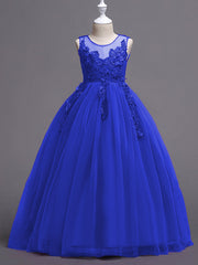 Princess Lace Print Tulle Sleeveless Floor Length Flower Girl Dresses