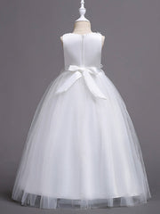 Princess Lace Print Tulle Sleeveless Floor Length Flower Girl Dresses
