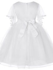Princess Midi Dress for Weddings & Birthdays: Satin Tulle Jewel Neck with Bow(s) Pearls & Beading