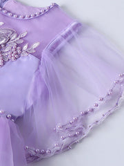 Princess Midi Dress for Weddings & Birthdays: Satin Tulle Jewel Neck with Bow(s) Pearls & Beading