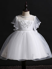 Princess Midi Dress for Weddings & Birthdays: Satin Tulle Jewel Neck with Bow(s) Pearls & Beading