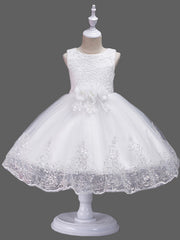 Princess Midi Lace/Tulle Jewel Neck Dress for Wedding/Birthday with Petal/Lace/Embroidery