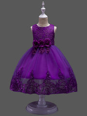 Princess Midi Lace/Tulle Jewel Neck Dress for Wedding/Birthday with Petal/Lace/Embroidery