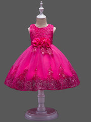 Princess Midi Lace/Tulle Jewel Neck Dress for Wedding/Birthday with Petal/Lace/Embroidery
