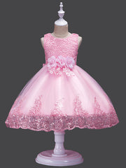 Princess Midi Lace/Tulle Jewel Neck Dress for Wedding/Birthday with Petal/Lace/Embroidery