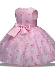 Princess Midi Wedding/Party Satin/Tulle Sleeveless Jewel Neck With Bow(s) Tier Pattern and Print