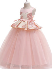 Princess Round Floor Length Cotton Bow Appliques Flower Girl Dress