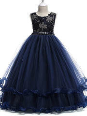 Princess Round Neck Floor Length Flower Girl Dress with Bow Crystals Appliques