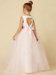 Princess Satin Tulle Lace Appliques Sleeveless Flower Girl Dresses for Floor Length