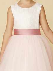 Princess Satin Tulle Lace Appliques Sleeveless Flower Girl Dresses for Floor Length