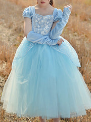 Princess Short Sleeve Flower Girl Dress Cotton With Beading Appliques & Paillette