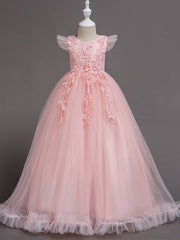 Princess Short Sleeve Flower Girl Dress with Lace Appliques Ruffles