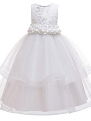 Princess Sleeveless Flower Girl Dress with Bow Appliques and Round Floor Length