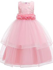 Princess Sleeveless Flower Girl Dress with Bow Appliques and Round Floor Length