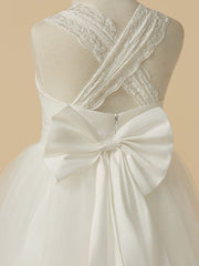 Princess Sleeveless Halter Neck Floor Length Flower Girl Dress with Lace Satin Tulle and Bow