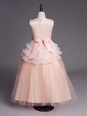 Princess Sleeveless Jewel Long Length Flower Girl Dress with Belt Beadings Embroidery