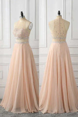 A Line Sleeveless Rhinestone Chiffon Long Prom Dress Floor Length Sparkly