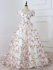 3D Floral Prom Dresses for Teens V-neck Flower Blossom Ball Gowns FD1685