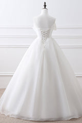 Long Lace-Up A-line Strapless White Wedding Dress with Bowkot