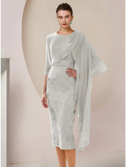 Aimishang  A-Line Mother of the Bride Dress Wedding Guest Elegant Petite Jewel Neck Tea Length Chiffon Lace Half Sleeve with Ruching Solid Color