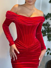 Mermaid / Trumpet Evening Gown Corsets Dress Formal Red Green Dress Sweep / Brush Train Long Sleeve Off Shoulder Velvet with Ruched