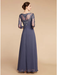 Aimishang  A-Line Mother of the Bride Dress Elegant V Neck Floor Length Chiffon Lace 3/4 Length Sleeve with Ruffles Appliques