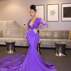 Purple Deep V-Neck Long Sleeves Appliques Mermaid Prom Dress