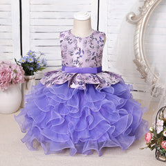 Purple Jewel Sleeveless Floor Length Flower Girl Dress with Ruffles Print