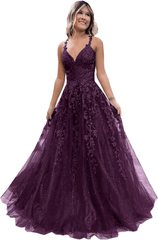 2024 Long Blue Lace Prom Dresses V Neck Formal Evening Dresses Open Back