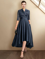 Aimishang  A-Line Mother of the Bride Dress Plus Size Elegant High Low Shirt Collar Asymmetrical Tea Length Satin Lace Half Sleeve with Pleats Sequin Appliques