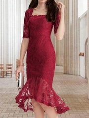Mermaid / Trumpet Mother of the Bride Dress Vintage Elegant High Low Square Neck Asymmetrical Tea Length Lace Half Sleeve with Ruffles