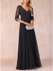 Aimishang A-Line Mother of the Bride Dress Wedding Guest Elegant V Neck Floor Length Chiffon Lace 3/4 Length Sleeve with Ruching Solid Color