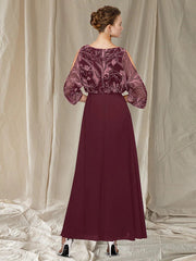 A-Line Mother of the Bride Dress Elegant Jewel Neck Floor Length Chiffon Lace Half Sleeve