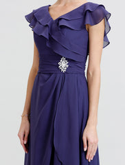 Aimishang A-Line Mother of the Bride Dress Formal Open Back Elegant V Neck Floor Length Chiffon Short Sleeve No with Sash / Ribbon Crystal Brooch