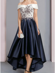 Aimishang  A-Line Mother of the Bride Dress Wedding Guest Elegant Off Shoulder Asymmetrical Ankle Length Satin Lace Short Sleeve with Ruching