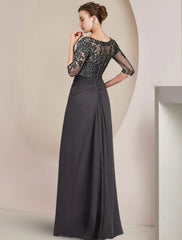 Sheath / Column Mother of the Bride Dress Formal Wedding Guest Elegant Square Neck Floor Length Chiffon Lace 3/4 Length Sleeve with Sequin Appliques Ruching